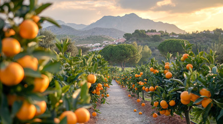 Sunlight bathes an orange orchard, casting a warm glow over the ripe fruits and picturesque landscape.の素材