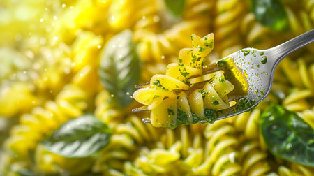 Sun-kissed fusilli pasta twirled on a fork, speckled with fresh herbs, invites a taste of Italian culinary art.の素材
