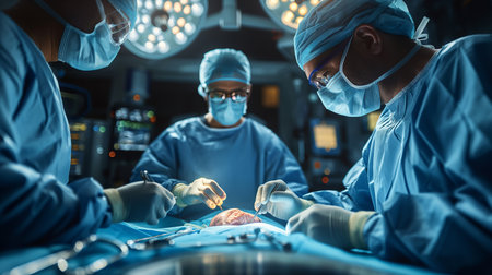 Surgeons in blue scrubs perform a meticulous operation under the intense light of an operating theater.の素材