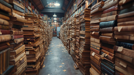 Tall stacks of vintage books line the narrow aisles of an old, dimly lit library filled with history.の素材