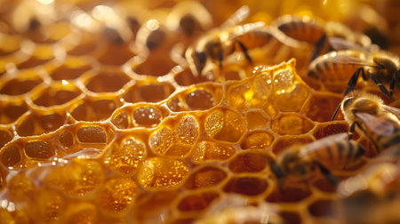 Sunlit droplets of honey glisten as bees meticulously work over the golden cells of their hive.の素材