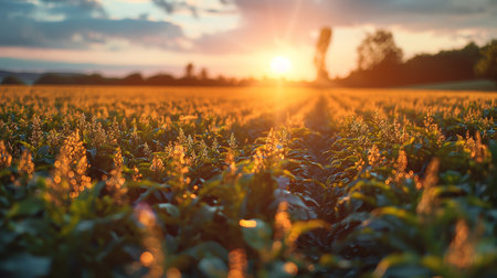 The golden hour casts a warm glow over a vibrant field, illuminating the delicate blooms amidst lush foliage.の素材