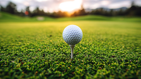 The golf ball sits poised on a tee, ready for a powerful drive at dusk.の素材