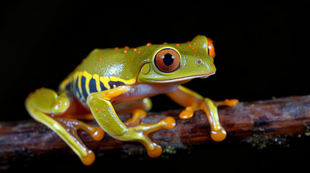 The green, orange-speckled frog perches on a branch, its bright eyes and smooth, shiny skin glistening under the light.の素材