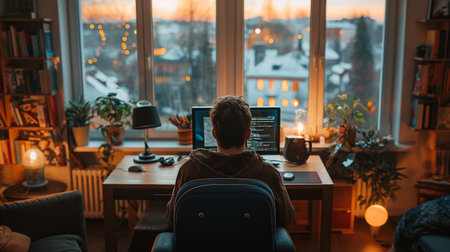 The serene glow of a desk lamp illuminates a focused individual working on a computer, surrounded by books and a cozy, personal space.の素材