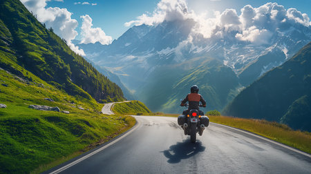 The open road calls as a motorcyclist tours through vibrant green valleys shadowed by dramatic cloud-topped peaksの素材