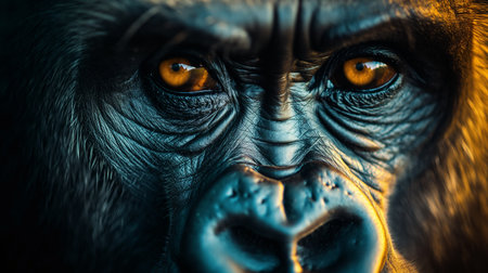 The intense gaze of a gorilla is captured in this striking portrait, highlighting its powerful and expressive eyes.の素材