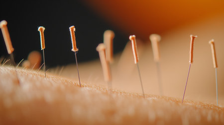 Thin acupuncture needles penetrating the skin create a dance of energy and harmonyの素材