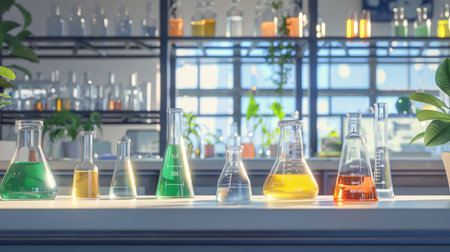 The well-organized lab features vibrant liquids in glass containers, emphasizing scientific discovery.の素材