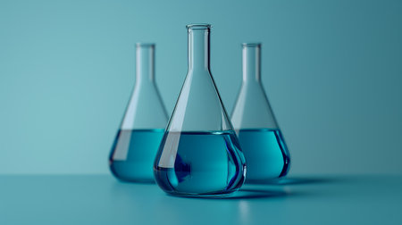 Three conical flasks filled with a mysterious blue liquid against a serene turquoise background, symbolizing scientific explorationの素材