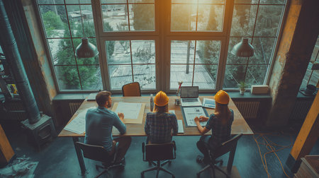Three architects deep in discussion over blueprints in a loft-style office overlooking a lush forest.の素材