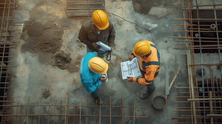 Three construction workers, seen from above, review building plans amidst the framework of a large construction site.の素材