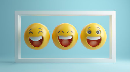 Three jubilant yellow emoticons laugh heartily against a pale blue background, encapsulated in a sleek white frame.の素材