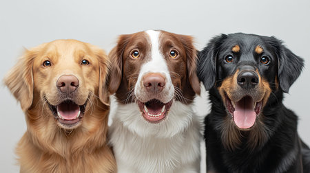 Three happy dogs pose side by side, showing their shiny coats and joyful expressions.の素材