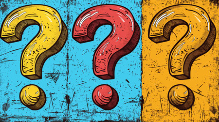 Three large question marks in yellow, red, and orange on a textured blue background evoke curiosity and a sense of inquiry.の素材