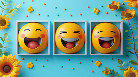 Three vibrant 3D emoticons in white frames beam joyfully against a refreshing turquoise backdrop, surrounded by sunflowers and cheerful embellishments.の素材