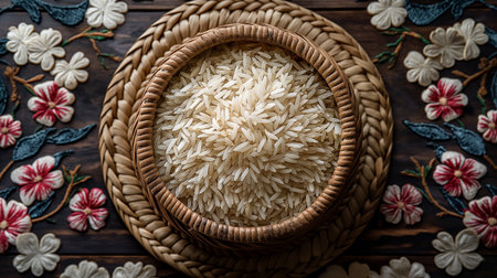 Top view of a basket filled with raw rice grains, surrounded by embroidered floral fabric.の素材
