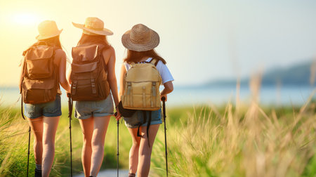 Three women hiking along a sunlit trail, wearing hats and backpacks, enjoying the beautiful outdoor scenery.の素材