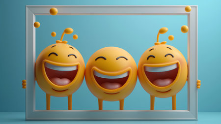 Three vibrant yellow emoticons laugh joyfully inside a surreal white frame against a soft blue backdrop.の素材