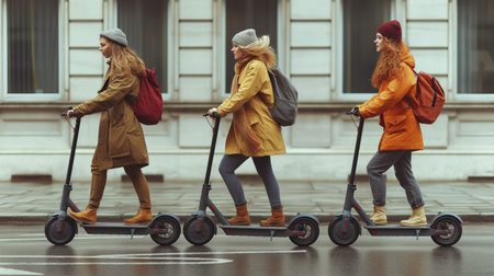 Three women ride electric scooters across a city street, blending modern transportation with vibrant urban life.の素材