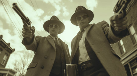 Two 1940s gangsters in dapper suits aim their revolvers, exuding menace on a sepia-toned street, capturing a moment of vintage criminal drama.の素材