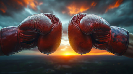 Two boxing gloves clash against a fiery, stormy sky backdrop, symbolizing a fierce battle between unstoppable forces.の素材