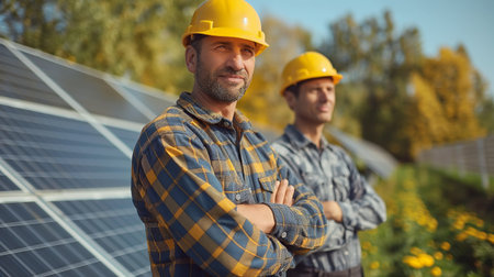 Two engineers stand confidently by solar panels, representing innovation and sustainability in energy.の素材