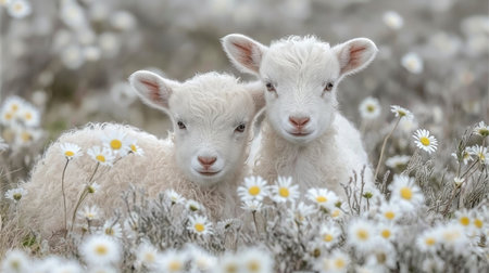 Two fluffy white lambs nestled in a field of white daisies, radiating pure innocence and charm.の素材