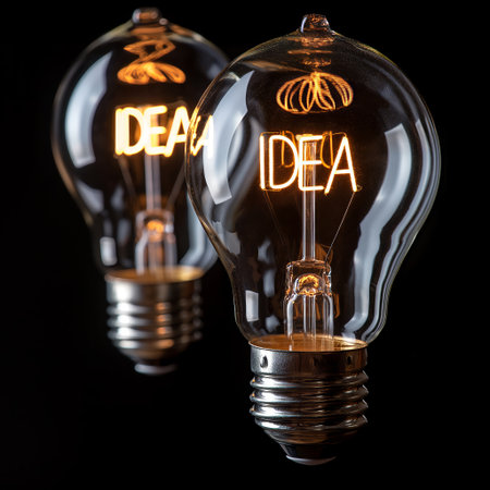 Two glowing light bulbs spell out "IDEA" in a brilliant display of creativity and illumination against a dark background.の素材
