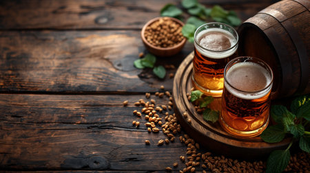 Two frothy glasses of beer beside a wooden barrel, set against a backdrop of fresh hops and grains.の素材