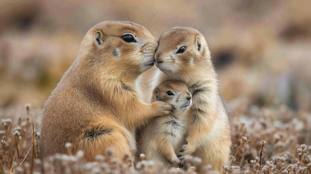 Two prairie dogs share a tender embrace in a heartfelt display of affection amidst their natural habitat.の素材