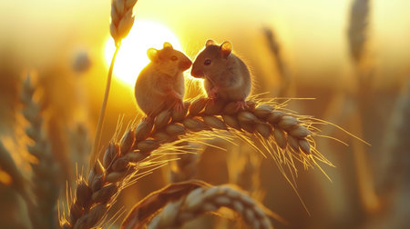 Two mice perch serenely atop a golden wheat stalk as the sun sets, casting a warm glow across the field.の素材