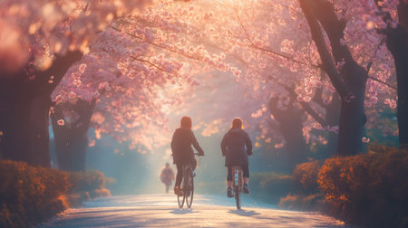 Two people enjoy a serene bike ride under a canopy of cherry blossoms, bathed in a dreamy sunset.の素材