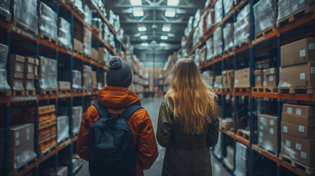 Two people explore a vast warehouse, surrounded by towering shelves filled with boxes, in a scene of industrial scale and teamwork.の素材