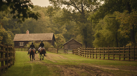 Two riders gently trot along a serene path flanked by lush trees and a rustic wooden fence, leading to a quaint farmsteadの素材