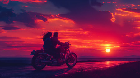 Two riders journey along a coastal road, sharing a motorcycle under a dramatic sunset that paints the sky in shades of deep purple and red.の素材
