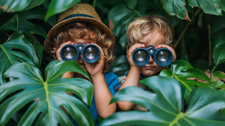Two young adventurers peek through binoculars, their curiosity magnified by the lush greenery surrounding them.の素材