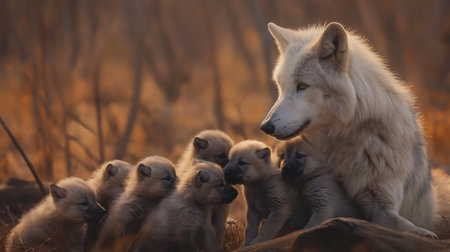 Under the soft haze of a sunset, a serene white wolf gently interacts with her curious cubs in a secluded woodland.の素材