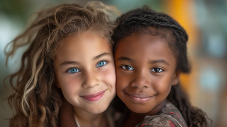 Two young girls embrace in a close-up portrait, their smiles and sparkling eyes showing a deep bond.の素材