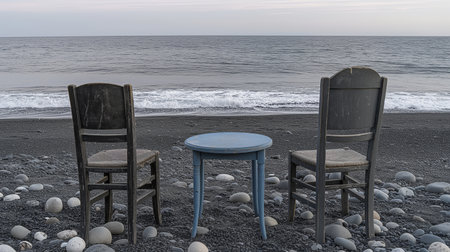 Two weathered wooden chairs and a small table sit on a pebbled beach, overlooking a calm sea under a cloudy sky.の素材