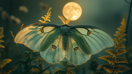 Under the ethereal glow of the moon, a majestic butterfly perches delicately on a fern, its wings shimmering with a mystical light.の素材