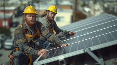 Two technicians focused on installing a large solar panel on a rooftop, demonstrating modern renewable energy solutions in an urban setting.の素材