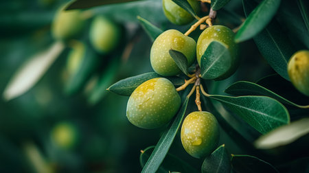 Unripe olives bask in the shade, their green skins speckled with light, hinting at the early stages of growth.の素材