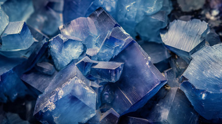 Vibrant blue fluorite crystals with sharp edges and deep baryte inclusions, showing a mesmerizing depth of mineral beauty.の素材