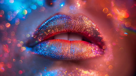 Vibrant lips coated in layers of sparkling glitter gleam with a spectrum of colors against a blurred background of festive lightsの素材