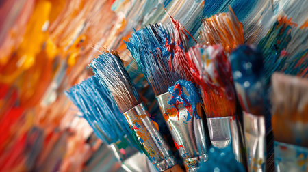 Vibrant paintbrushes clustered in a dynamic array, their bristles stained with the vivid hues of creativity.の素材