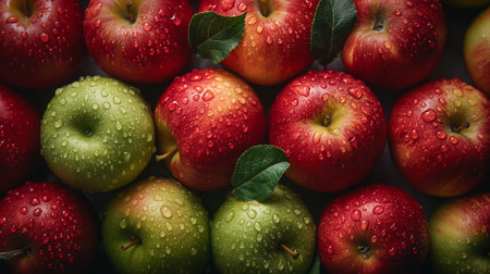 Vibrant red and green apples, dappled with fresh raindrops, offer a crisp and juicy texture.の素材