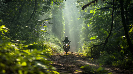 Sunlight pierces through the dense forest canopy, illuminating a motorcyclist on a rugged trail shrouded in greenの素材
