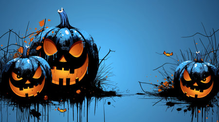 Spooky, distressed blue and orange Halloween pumpkins with glowing eyes set against a dark background.の素材