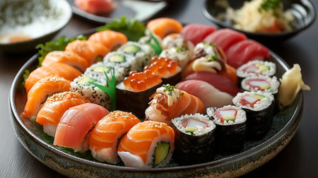 This sushi assortment on a dark ceramic dish offers a tantalizing glimpse into the art of Japanese gastronomy with its precise arrangement and fresh ingredientsの素材